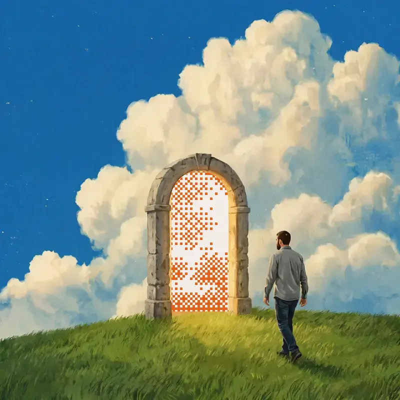 Painted illustration of a man walking up a grassy hill through a stone archway into an orange and cream pixel world, turning into pixels as he steps in