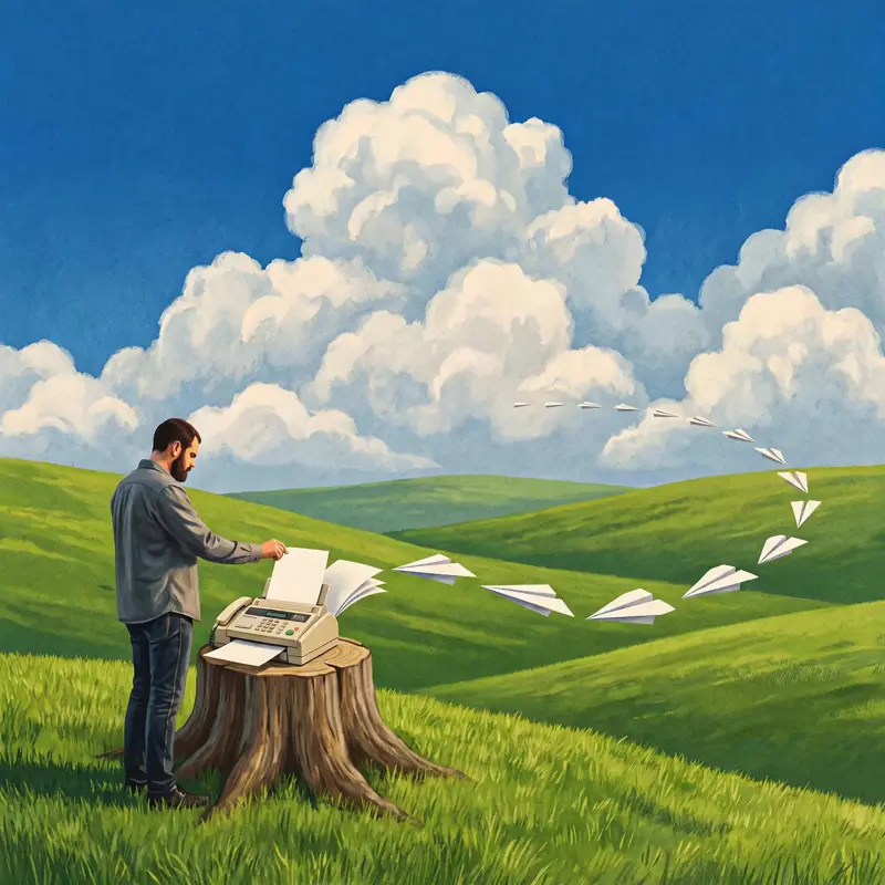 Painted illustration of a man at a fax machine on a tree stump, its pages folding into paper planes that fly over the hills