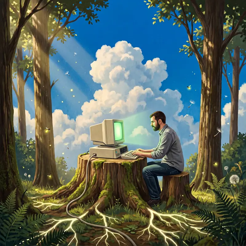 Painted illustration of a man at a vintage desktop computer on a tree stump in a forest, its cable turning into glowing roots