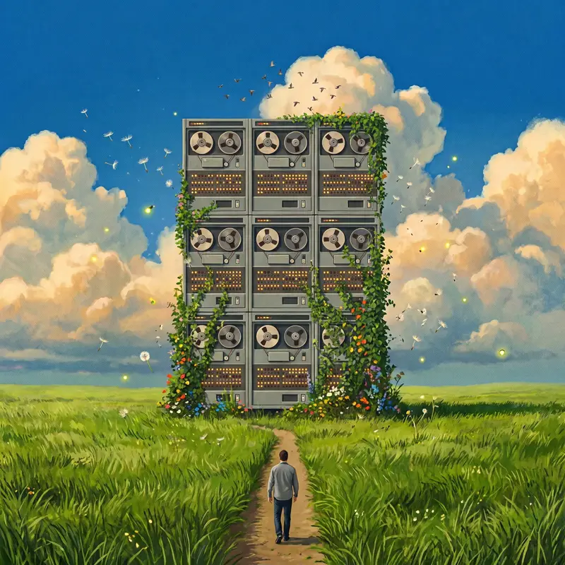Painted illustration of a man walking along a meadow path toward a huge ivy-covered vintage mainframe computer