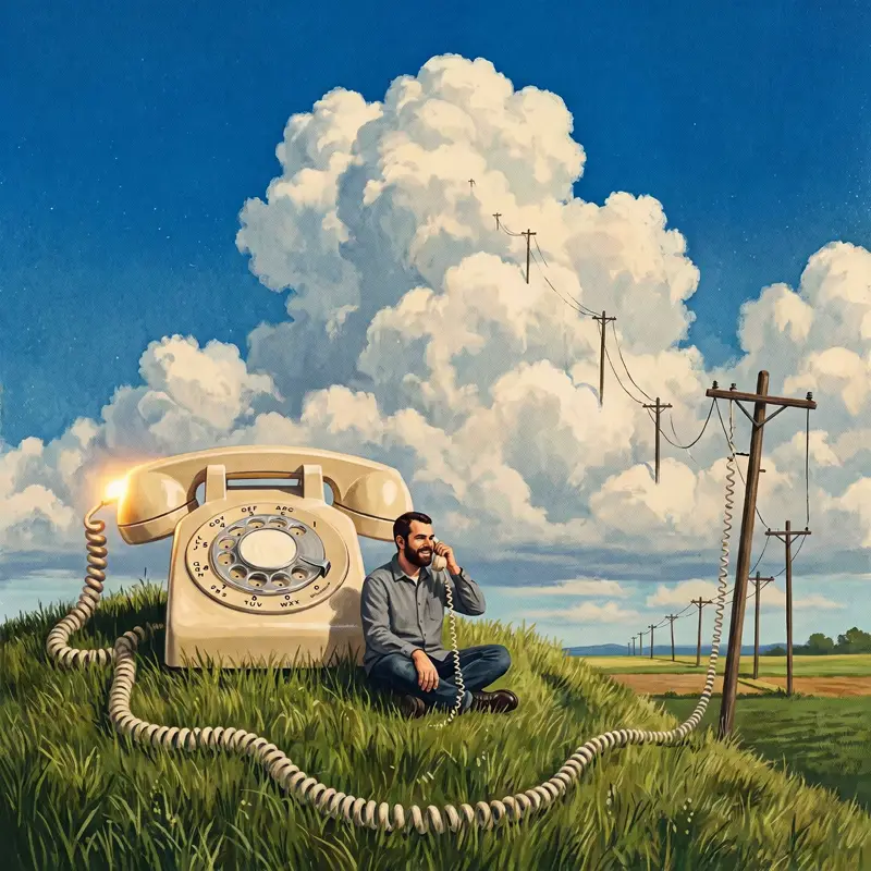 Painted illustration of a man on a hilltop talking on a giant rotary phone whose cord runs along telephone poles into the clouds