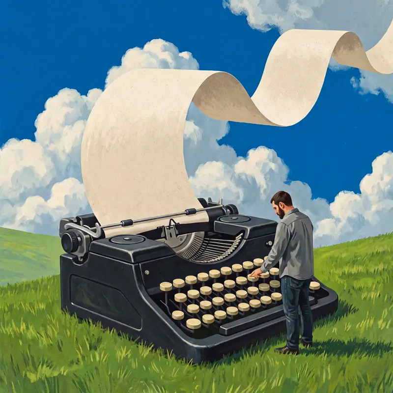 Painted illustration of a man typing on a giant typewriter on a hill, its paper rising into the sky like a ribbon
